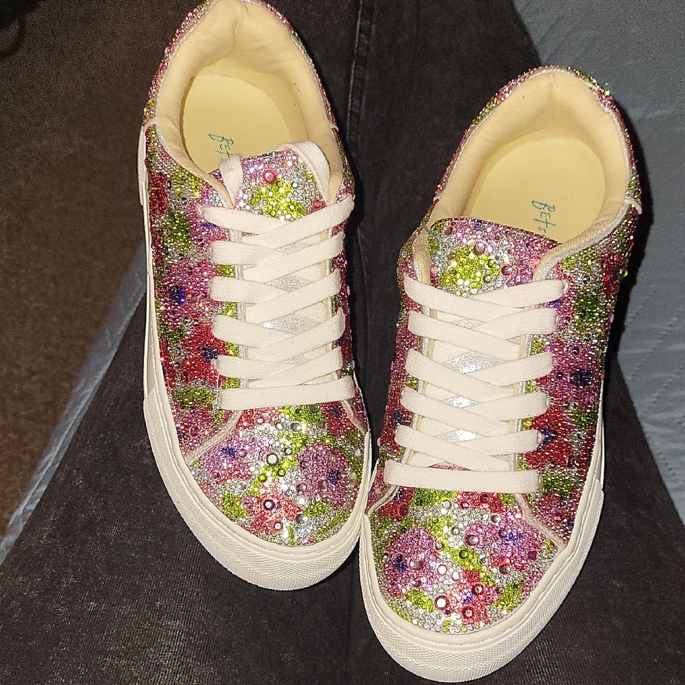 Betsey Johnson Pink Multicolor Beaded Glitter Lace-Up Sneakers